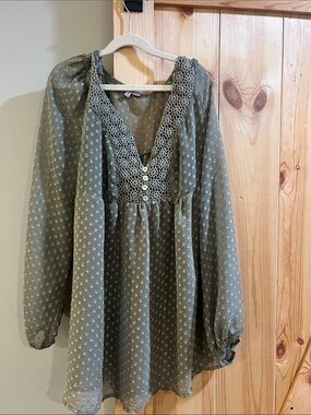 Women's Olive Green Long-Sleeve Peasant Blouse with Crochet Trim size large